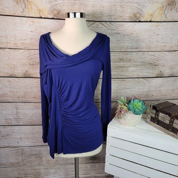 Boston Proper Draped Side Ruched Long Sleeve Top Blue Small - Picture 1 of 7